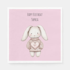 Pink Cute Bunny Pink Sweater Heart Birthday Serviette