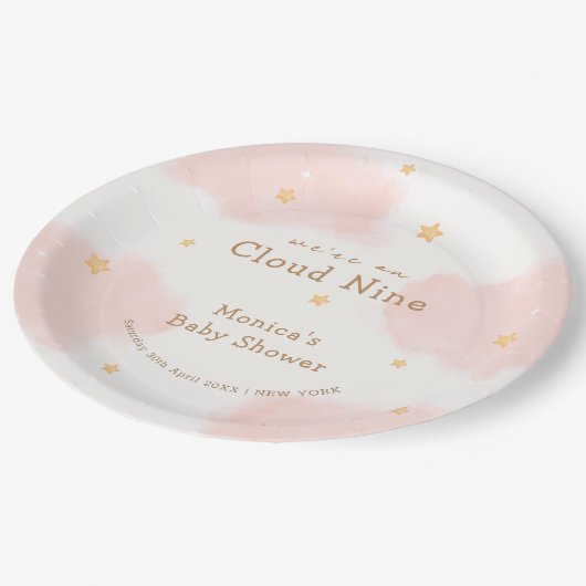 Pink Cute Cloud Nine Girl Baby Dusche Pappteller (Schrägansicht)