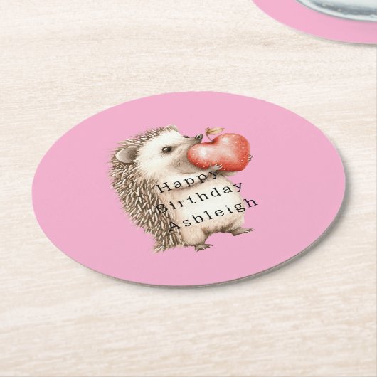 Pink Cute Hedgehog Heart Animal Birthday Runder Pappuntersetzer (Angewinkelt)