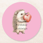 Pink Cute Hedgehog Heart Animal Birthday Runder Pappuntersetzer (Vorderseite)