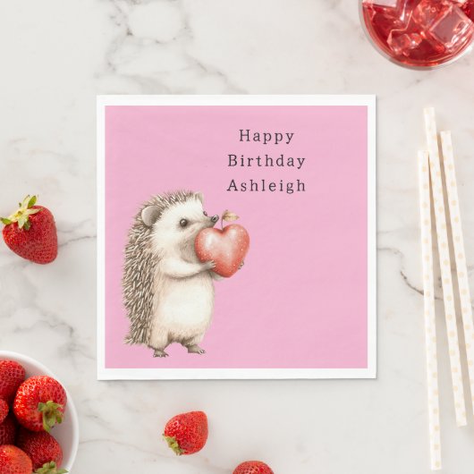 Pink Cute Hedgehog Heart Animal Birthday Serviette (Beispiel)