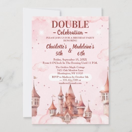  Pink Cute Princess Castle Joint Birthday Einladung (Vorderseite)