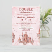  Pink Cute Princess Castle Joint Birthday Einladung (Stehend Vorderseite)