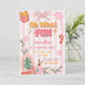 Pink Cute Retro Christmas Winter 1st Birthday Einladung (Stehend Vorderseite)