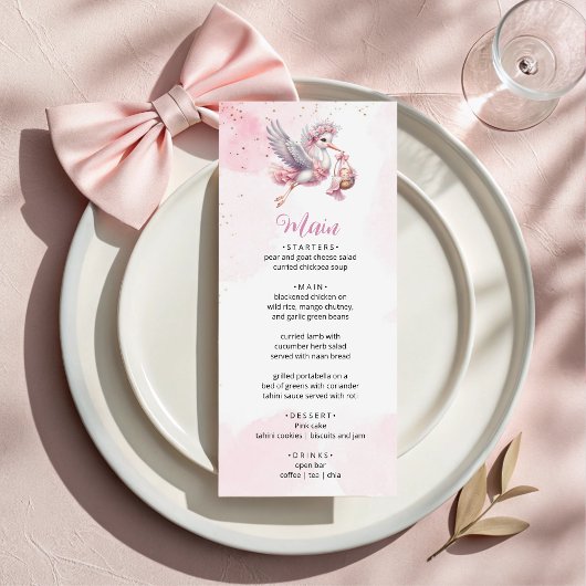 Pink & Cute Stork Baby Girl Shower Menu Card Menükarte