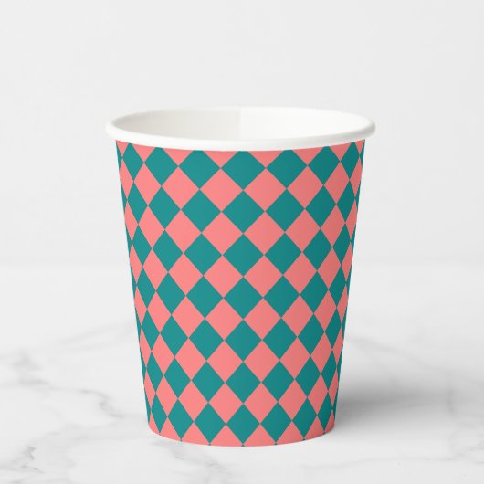 Pink Cyan Checker Diamond Pattern Pappbecher (Links)
