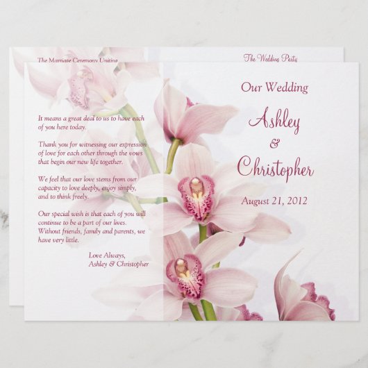 Pink Cymbidium Orchid Floral Wedding Programm (Vorne/Hinten)