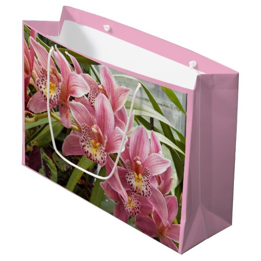 Pink Cymbidium Orchids Floral Große Geschenktüte (Vorderseite Schrägansicht)
