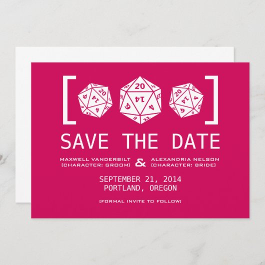 Pink D20 Dice Gamer Save the Date einladen (Vorne/Hinten)