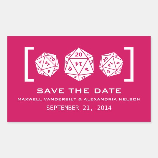 Pink D20 Dice Gamer Save the Date Stickers (Vorderseite)