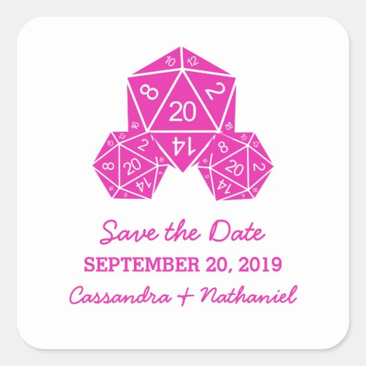 Pink D20 Dice Save the Date Aufkleber (Vorderseite)