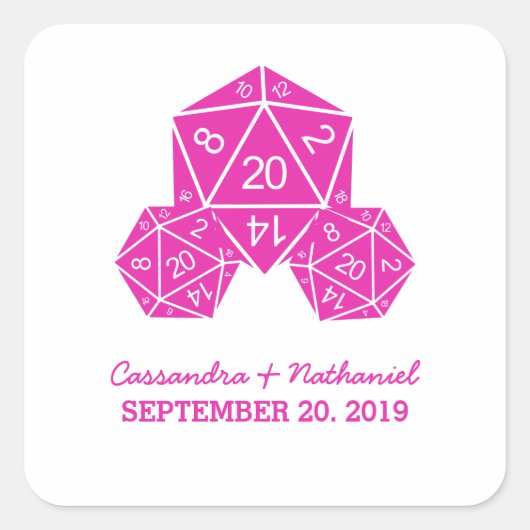 Pink D20 Dice Wedding Stickers (Vorderseite)