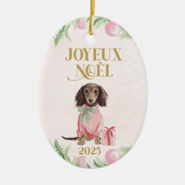 Pink Dachshund Joyeux Noël Keramik Ornament