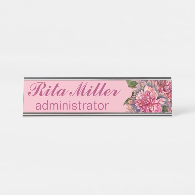 Pink Dahlia Blume Schreibtischnamensplakette (Vorderseite )