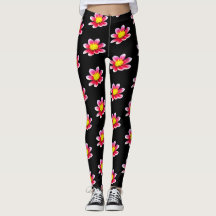 Pink Dahlia Floral Print Black Leggings