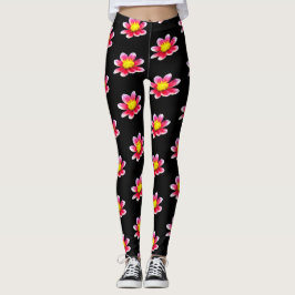 Pink Dahlia Floral Print Black Leggings