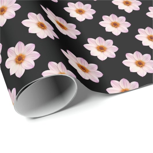 Pink Dahlia Muster - Vollfarbigkeit auf schwarz Geschenkpapier (Rolleneckpunkt)