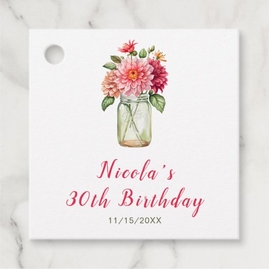 Pink Dahlias Mason Jar Birthday Party Geschenkanhänger (Vorderseite)