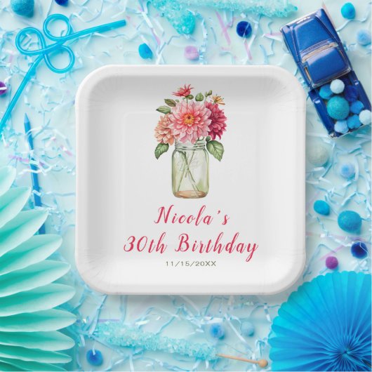 Pink Dahlias Mason Jar Birthday Party Pappteller (Party)