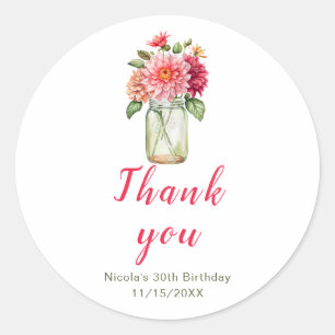 Pink Dahlias Mason Jar Birthday Party Runder Aufkleber