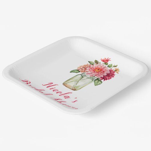 Pink Dahlias Mason Jar Brautparty Pappteller (Gewinkelt)