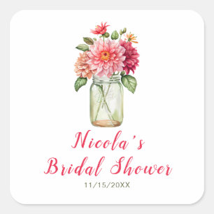 Pink Dahlias Mason Jar Brautparty Quadratischer Aufkleber