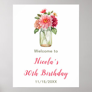 Pink Dahlias Mason Jar Geburtstagsparty Willkommen Poster