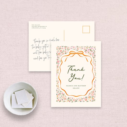 Pink Dainty Flowers and Orange Bow Thank You Postkarte
