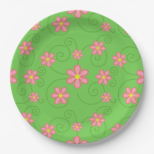 Pink Daisies and Bug Trails on Bright Green Pappteller