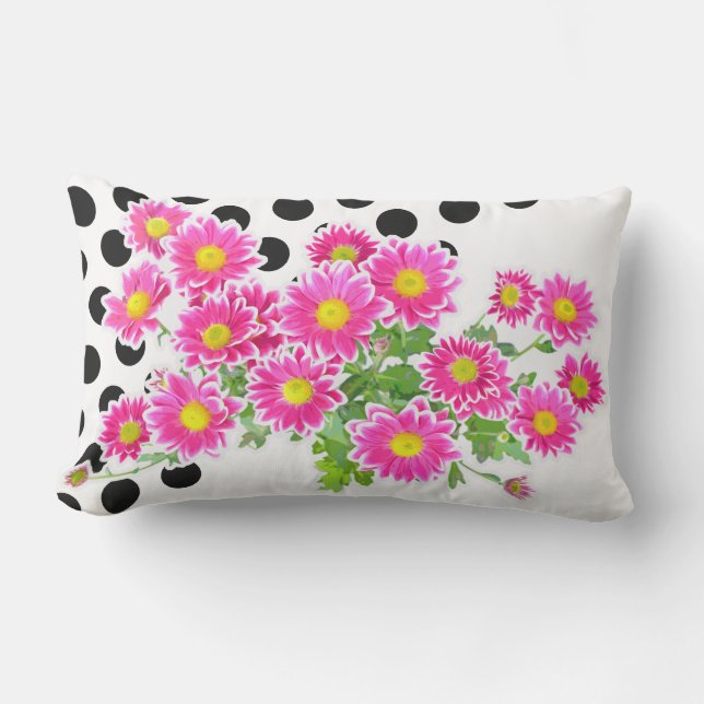 Pink Daisies / Asters Bouquet & Black Dots Lendenkissen (Vorderseite)
