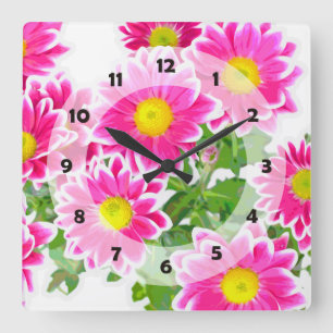 Pink Daisies / Asters Bouquet + Ihre Ideen Quadratische Wanduhr