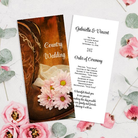 Pink Daisies Cowboy Boots Country Wedding Programm