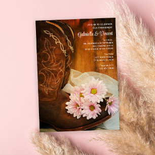 Pink Daisies Cowboy Boots Western Engagement Party Einladung