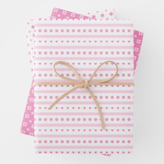 Pink Daisis, Dots and Hearts Wrapping Paper Geschenkpapier Set (Beispiel)