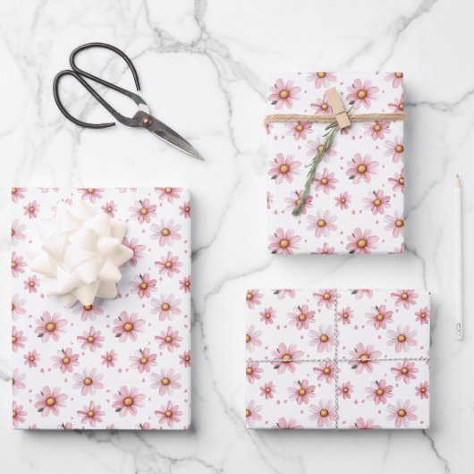 Pink Daisis & Dots auf Weiß Geschenkpapier Set (Vorderseite)