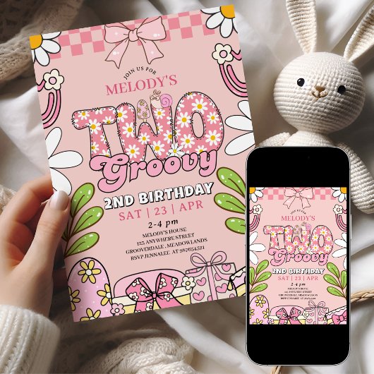 Pink Daisy 2nd Birthday Retro Birthday Einladung