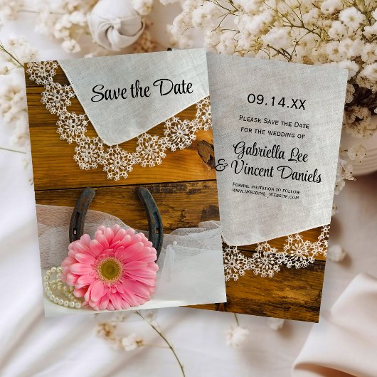 Pink Daisy and Lace Western Wedding Save the Date