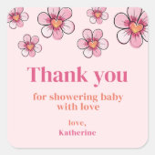 Pink Daisy Baby Shower Square Thank You Sticker (Vorderseite)
