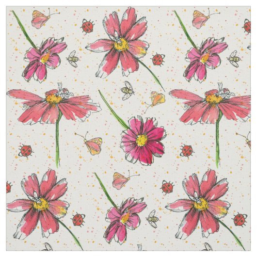 Pink Daisy Bees Ladybugs Stoff (Muster)