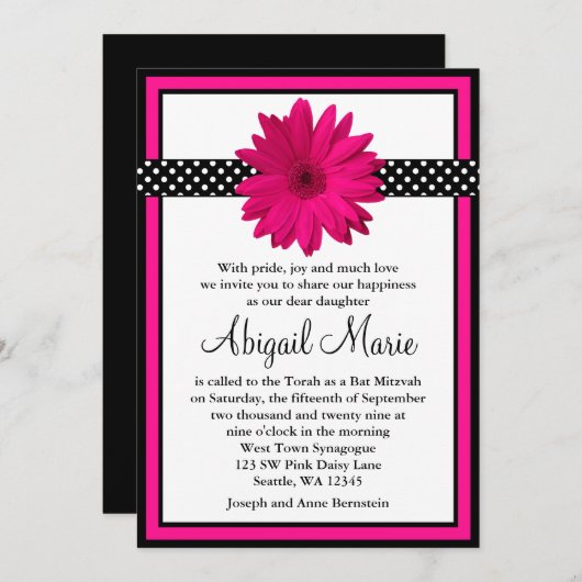 Pink Daisy Black Polka Dots Bat Mitzvah Einladung (Vorne/Hinten)
