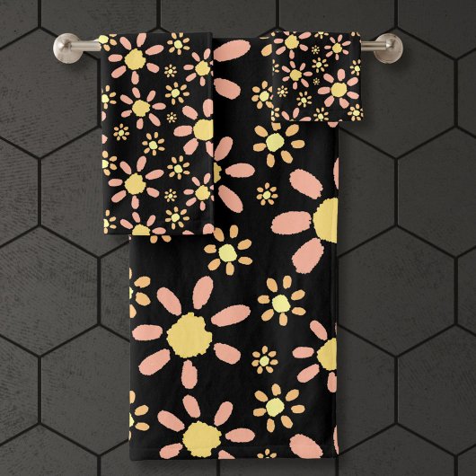 Pink Daisy Blume Wasserfarbmuster auf schwarz Badhandtuch Set
