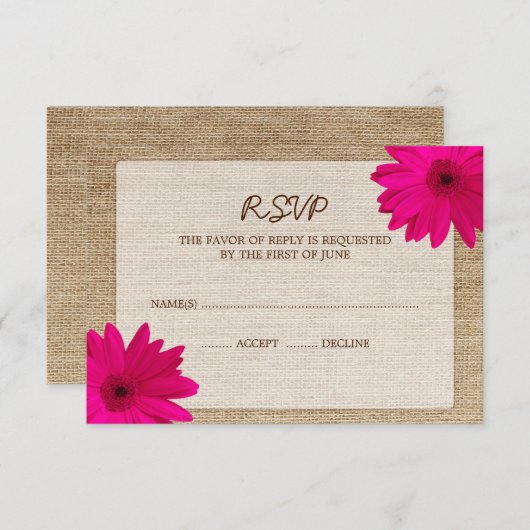 Pink Daisy Burlap Wedding RSVP Response Card (Vorne/Hinten)