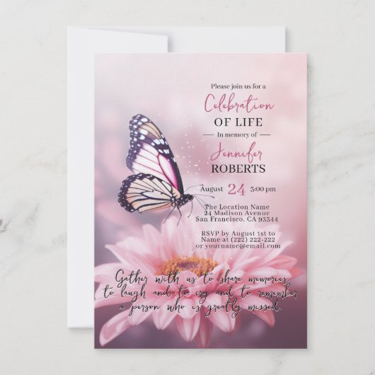 Pink Daisy Butterfly Celebration of Life | PHOTO Einladung (Vorderseite)