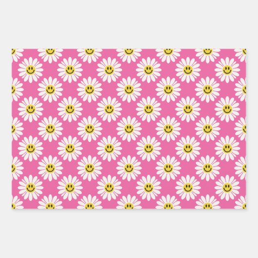 Pink Daisy Floral Stripes Polka Dot Geschenkpapier Set (Vorderseite)