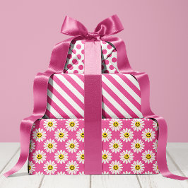 Pink Daisy Floral Stripes Polka Dot Geschenkpapier Set