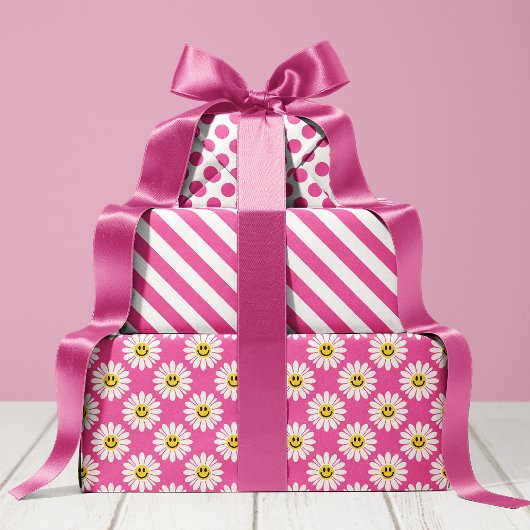 Pink Daisy Floral Stripes Polka Dot Geschenkpapier Set