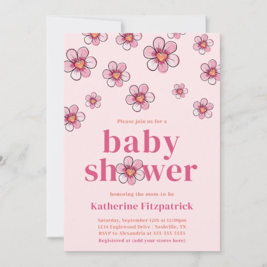 Pink Daisy Flower Girl Baby Shower Einladung (Vorderseite)