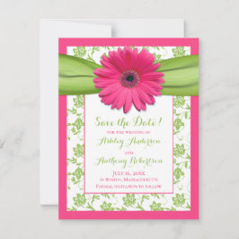 Pink Daisy Green Floral Damask Wedding Save The Date