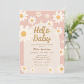 Pink Daisy Hello Baby Retro Baby Dusche Einladung (Stehend Vorderseite)