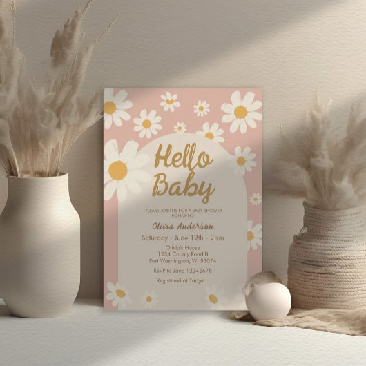Pink Daisy Hello Baby Retro Baby Dusche Einladung